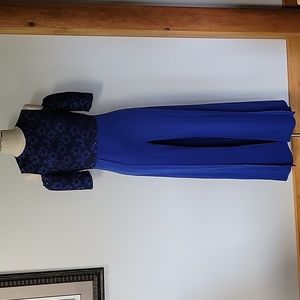 Cold-Shoulder Floral Lace Jumpsuit in Royal Blue